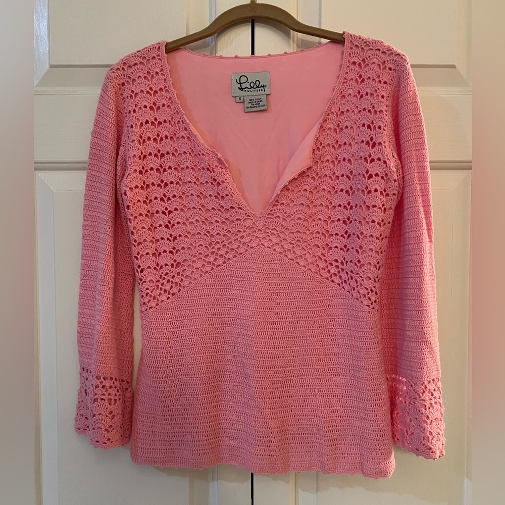 Lilly Pulitzer Vintage White Label Pink Crochet V-Neck Blouse Sweater EUC Size S